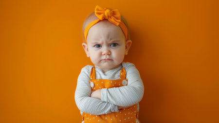 A cute baby girl with a grumpy expression, wearing an orange headband and polka dot overalls, against a vibrant orange background Perfect for illustrating frustration, anger, or a humorous take on childhood emotions AI Generativeの素材