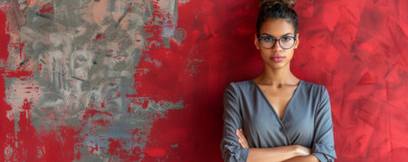 Confident woman with arms crossed standing against a red wall She is wearing glasses and a grey shirt  She has a serious expression on her face AI Generativeの素材