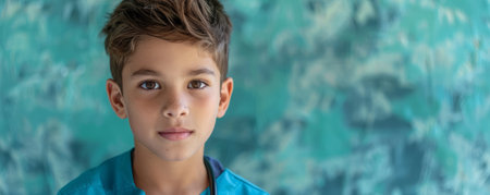 A young boy with brown hair looks intensely at the camera with a serious expression  He is wearing a blue shirt against a blurred blue background AI Generativeの素材
