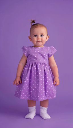 Adorable baby girl in a purple dress with white polka dots, standing against a purple background The baby is looking up and has a sweet expression on her face This photo is perfect for use in advertising, marketing, or personal projects AI Generativeの素材