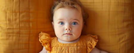 A close-up portrait of a baby girl with blue eyes lying on a yellow blanket She is wearing a yellow dress AI Generativeの素材