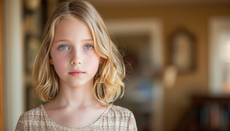 A young girl with blonde hair and blue eyes stares intensely at the camera Her expression is serious and thoughtful, conveying a sense of maturity beyond her years The background is blurred, creating a sense of focus on the subject  This photo is perfect for projects that require a child with a serious and thoughtful demeanor AI Generativeの素材