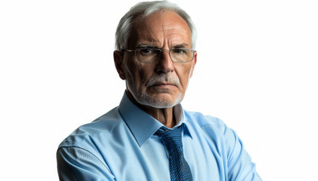A stern-looking senior man with gray hair and a beard He&#39;s wearing a blue shirt and a tie, with his arms crossed in front of him His expression is serious and intense This image could be used to represent authority, determination, or frustration AI Generativeの素材