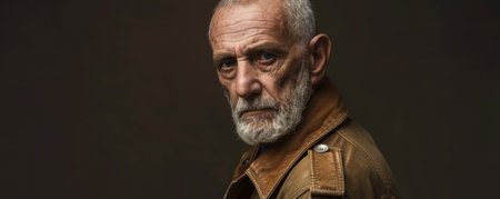 A close-up portrait of an elderly man with a white beard, wearing a brown leather jacket, looking intently at the camera AI Generativeの素材