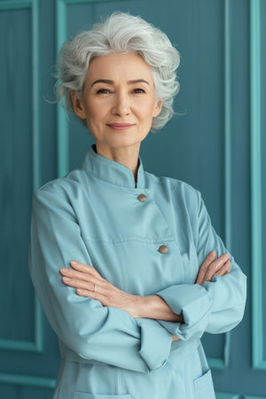 A confident mature Asian woman in a light blue chef's uniform stands with her arms crossed, radiating professionalism and experience Her warm smile and silver hair create a welcoming and approachable presence  This image is perfect for showcasing culinary expertise, senior professionals, and the power of experience AI Generativeの素材