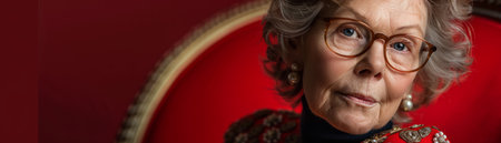 A close-up portrait of an elderly woman in glasses, looking thoughtfully at the camera She is wearing a red and black patterned blouse and sitting in a red chair The image conveys wisdom, experience, and a touch of mystery AI Generativeの素材