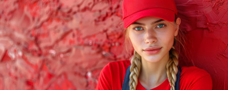 Young woman in red cap and shirt, looking at the camera  A red wall is behind her AI Generativeの素材