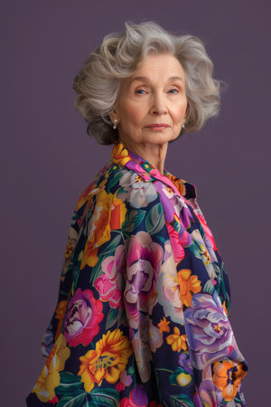 A confident, mature woman with silver hair poses in a vibrant floral print blouse against a deep purple background Her strong gaze and fashionable attire convey a sense of timeless elegance and sophistication AI Generativeの素材