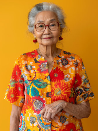 A portrait of a smiling elderly Asian woman wearing glasses and a floral blouse Her gray hair is pulled back in a bun She is looking directly at the camera The background is a bright yellow wall AI Generativeの素材