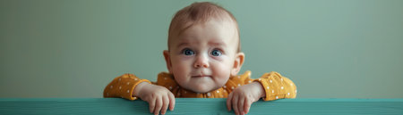 A curious baby in a yellow sweater leans over a turquoise surface, looking directly at the camera  The image is perfect for projects about childhood, curiosity, or growth AI Generativeの素材