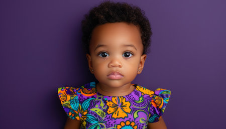 Adorable African American baby girl with a serious expression wearing a colorful floral dress against a purple background  Perfect for diversity, childhood, and family themes AI Generativeの素材