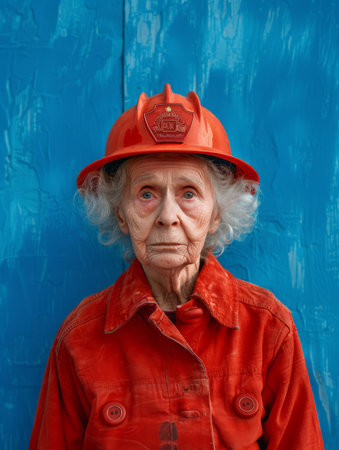 An elderly woman in full firefighter gear, staring directly at the camera with a serious expression She is wearing a red helmet and jacket The photo is set against a bright blue background This image conveys strength, determination, and a sense of duty AI Generativeの素材
