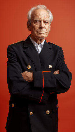 A portrait of an elderly man with white hair and a serious expression He is wearing a black jacket with gold buttons and red trim, and has his arms crossed The background is a solid red This photo evokes a sense of authority and wisdom AI Generativeの素材