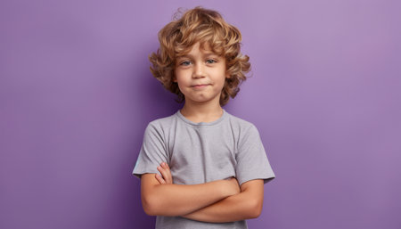 A young boy with curly blonde hair stands with his arms crossed against a purple background He is looking directly at the camera with a serious expression on his face  This image is perfect for projects about childhood, confidence, or determination AI Generativeの素材
