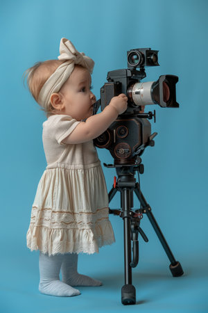 A cute little girl in a white dress is holding a large video camera, looking determined to capture the perfect shot The blue background provides a pop of color, while the camera and tripod add a professional touch This image is perfect for depicting the future of filmmaking, childhood dreams, or the joy of creative expression AI Generativeの素材