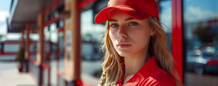 A young woman with long blonde hair wears a red cap and red shirt, looking intently at the camera  She stands in front of a brightly lit store AI Generativeの素材