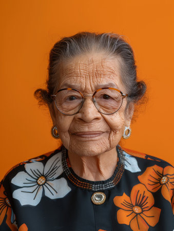 A portrait of an elderly woman with gray hair and glasses, wearing a floral blouse and smiling warmly The background is a vibrant orange This photo captures the beauty and wisdom of age AI Generativeの素材