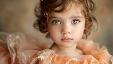 A beautiful young girl with big, expressive eyes and curly brown hair looks directly at the camera She is wearing a light pink dress with lace detail The image is soft and dreamy, with warm tones and a gentle, ethereal quality This photo is perfect for a variety of uses, including advertising, websites, and social media AI Generativeの素材