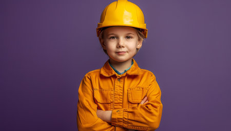 A young boy in a yellow hard hat and overalls stands with arms crossed, looking confidently at the camera The purple background adds a pop of color to this image of future construction worker AI Generativeの素材