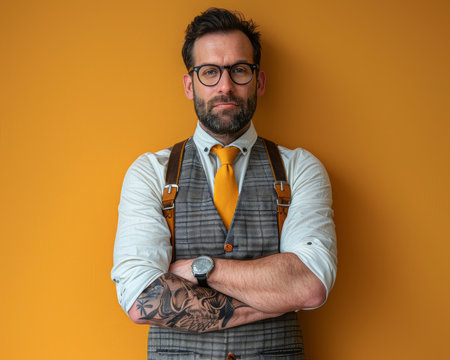 A confident man with a beard and tattoos, wearing a white shirt, waistcoat and tie, stands with arms crossed against a yellow wall  He looks directly at the camera with a serious expression  This photo conveys professionalism and strength  Perfect for business, corporate, and leadership themes AI Generativeの素材