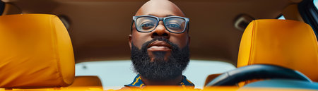 Close-up shot of a bearded man with glasses looking at the camera from inside a car  The car has yellow leather seats AI Generativeの素材