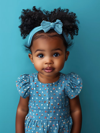 Adorable little girl with big, brown eyes and a cute blue bow headband She is wearing a floral dress and looking directly at the camera Perfect for children's fashion, family, and portrait photography AI Generativeの素材