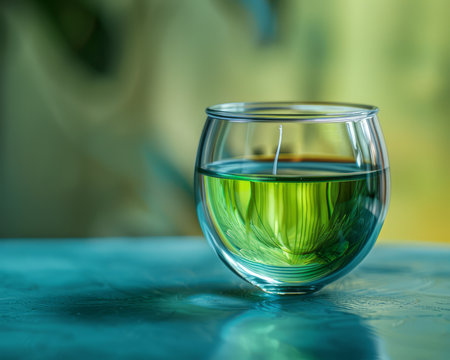 A close-up shot of a glass of green liquid on a blue surface The liquid is illuminated by sunlight, creating a vibrant and refreshing image The background is blurred, adding a sense of depth and tranquility  Perfect for showcasing healthy beverages, herbal remedies, or natural products AI Generativeの素材