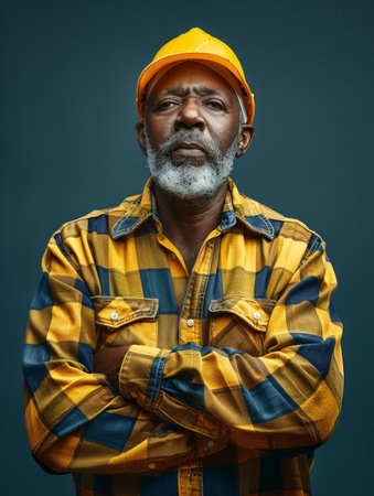 A confident, senior African American construction worker in a yellow hard hat and plaid shirt, arms crossed, stares intently off-camera This image captures the determination and experience of a seasoned professional AI Generativeの素材