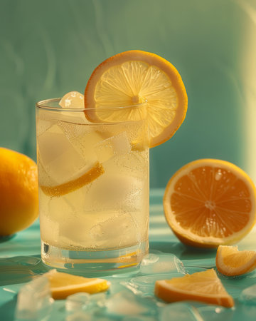 A refreshing glass of lemonade with ice and lemon slices Perfect for summer days or any time you need a cool drink AI Generativeの素材
