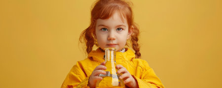 A young girl in a yellow raincoat holds a glass beaker, looking curious and focused  Perfect for educational or scientific projects AI Generativeの素材