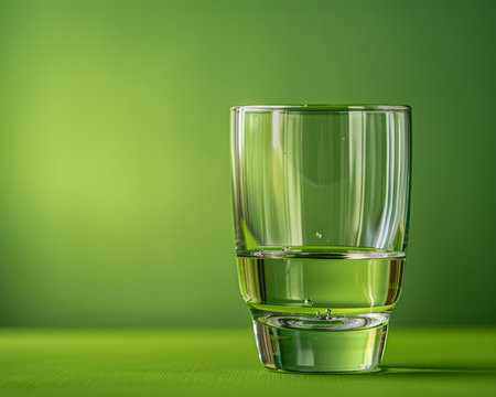 A single, clear glass with a small amount of water sits on a green surface against a green background The glass is slightly tilted, and the water is rippling This image is perfect for illustrating themes of hydration, thirst, or the importance of drinking water AI Generativeの素材