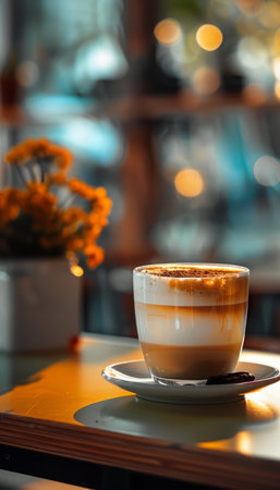 A steaming cup of latte with a sprinkle of cinnamon, sitting on a table in a cafe The warm lighting creates a cozy atmosphere Perfect for food, drink, and coffee-related content AI Generativeの素材