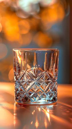 A crystal glass with a delicate pattern sits on a table illuminated by warm, festive lights The glass casts a shimmering reflection, creating a sense of elegance and celebration AI Generativeの素材