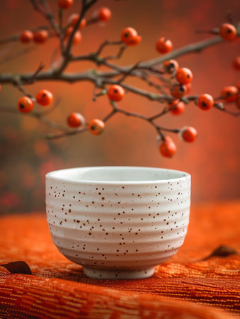 A white ceramic teacup with a speckled glaze sits on an orange fabric surface with a branch of red berries in the background The image evokes a sense of peace and tranquility Perfect for representing tea ceremonies, autumn, or minimalist aesthetics AI Generativeの素材
