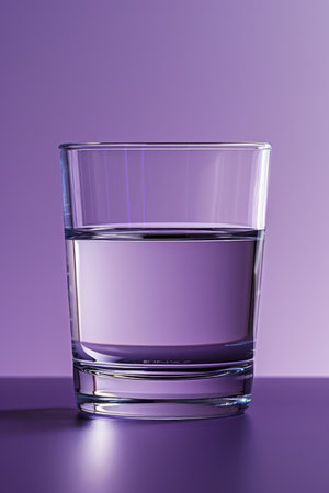 A glass of water, half full or half empty? This image is perfect for representing optimism, pessimism, or the concept of perspective  The purple background adds a touch of mystery and depth AI Generativeの素材