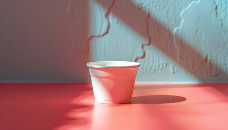 A single white disposable coffee cup sits on a pink surface with sunlight streaming through a window casting shadows on the wall and surface  The cup is empty and ready for a warm beverage  A minimal, clean design with a modern feel AI Generativeの素材