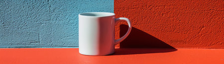 A white mug sits on a red surface with a blue and red background, creating a vivid and minimalist scene  Perfect for design projects and branding AI Generativeの素材
