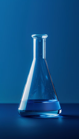 A single, clear glass Erlenmeyer flask filled with a bright blue liquid sits on a dark blue surface The liquid has tiny particles that sparkle in the light The image is perfect for science, research, and laboratory-related projects AI Generativeの素材