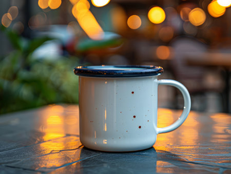 A white enamel mug with a blue rim sits on a table outdoors  The background is blurred, with warm, golden lights The mug has a speckled, rustic look  Perfect for cozy, coffee-shop vibes AI Generativeの素材