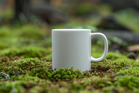 A white coffee mug sits on a bed of green moss in a forest setting The mug is a perfect blank canvas for your designs and branding Perfect for showcasing your logo, artwork, or message AI Generativeの素材