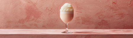 A glass of pink drink topped with whipped cream sits on a table against a pink wall  This image is perfect for menus, food blogs, and beverage websites AI Generativeの素材