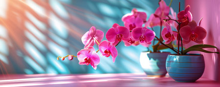 Two pink orchids in blue pots against a blue and pink background with soft lighting  Perfect for a floral, beauty, or spa concept AI Generativeの素材