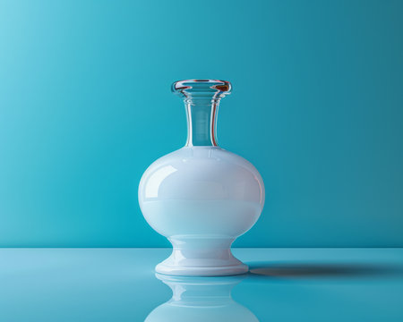 A white, round glass bottle with a narrow neck sits on a blue surface The bottle reflects the light, creating a soft glow The background is a solid blue, providing a minimalist backdrop for the bottle This image is perfect for representing simplicity, purity, or a blank canvas AI Generativeの素材