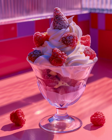 A decadent dessert with whipped cream and fresh raspberries, perfect for a summer day The pink and white color scheme is visually appealing and the image is sure to make your mouth water AI Generativeの素材