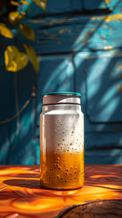 A stylish and modern thermos bottle with a unique speckled design Perfect for keeping drinks hot or cold on the go The bottle is made of durable stainless steel and features a leak-proof lid  The vibrant colors and trendy design will make you stand out from the crowd AI Generativeの素材