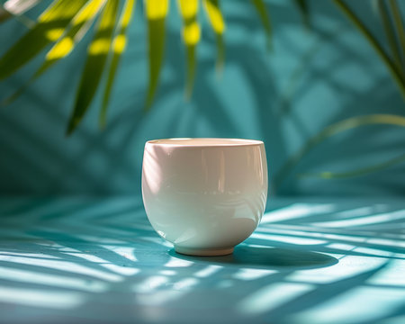 A simple white cup sits on a blue surface, with the shadow of palm leaves casting a dappled pattern across the scene Perfect for showcasing your product or branding AI Generativeの素材