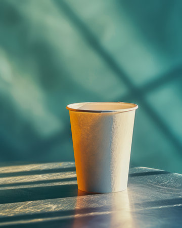 A simple white paper cup sits on a table, bathed in the warm glow of sunlight streaming through a window The cup is a minimalist subject against a backdrop of soft, abstract shadows and muted teal walls, creating a serene and contemplative scene AI Generativeの素材