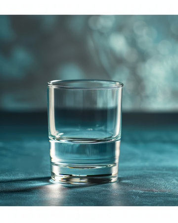 A close-up shot of a clear glass shot glass on a blue surface The glass is empty and the background is blurred The image is perfect for websites or articles about alcohol, drinking, or barware AI Generativeの素材