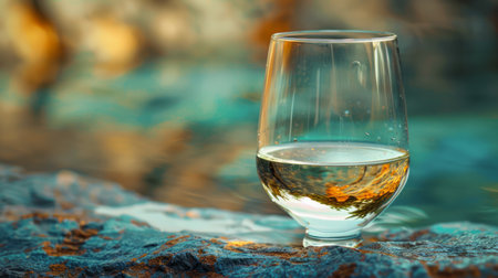A single glass of white wine sits on a rock by a shimmering pool of water The sun sets in the distance, casting a warm glow over the scene This photo evokes feelings of relaxation, tranquility, and enjoyment Perfect for a travel blog or a website about wine AI Generativeの素材