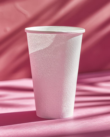 A single, white, disposable coffee cup stands on a pink surface, illuminated by soft sunlight casting long shadows Perfect for branding, design, and advertising projects AI Generativeの素材